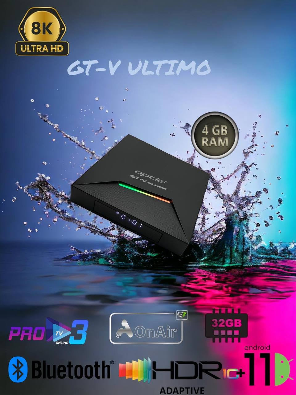 ☑️AKTION☑️ OPTIC STB GTV ULTIMO / OPTIC GT-V ULTIMO 4K UHD 2160p H265.264 4GB RAM 32 GB FLASH Android 11.0 Receiver (2G + 5G WiFi + WLAN, Bluetooth, MicroSD, HDMI, USB 3.0)