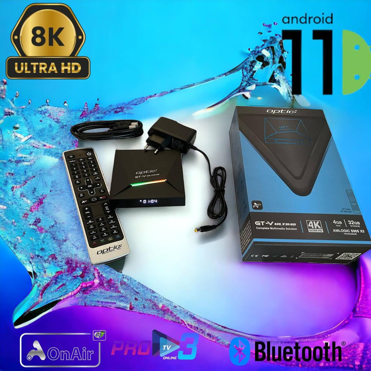 ☑️AKTION☑️ OPTIC STB GTV ULTIMO / OPTIC GT-V ULTIMO 4K UHD 2160p H265.264 4GB RAM 32 GB FLASH Android 11.0 Receiver (2G + 5G WiFi + WLAN, Bluetooth, MicroSD, HDMI, USB 3.0)