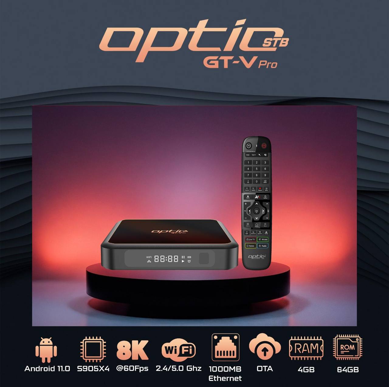 🆕 OPTIC GT-V PRO 8K / 4K UHD 2160p H265.264 4GB RAM 64GB FLASH Android 11.0 Receiver (2G + 5G WiFi + GIGABIT WLAN, Bluetooth, MicroSD, HDMI, USB 3.0)