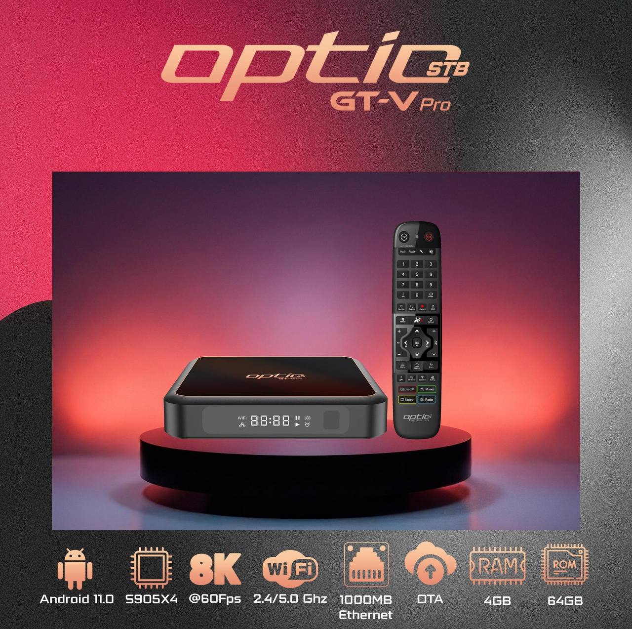 🆕 OPTIC GT-V PRO 8K / 4K UHD 2160p H265.264 4GB RAM 64GB FLASH Android 11.0 Receiver (2G + 5G WiFi + GIGABIT WLAN, Bluetooth, MicroSD, HDMI, USB 3.0)